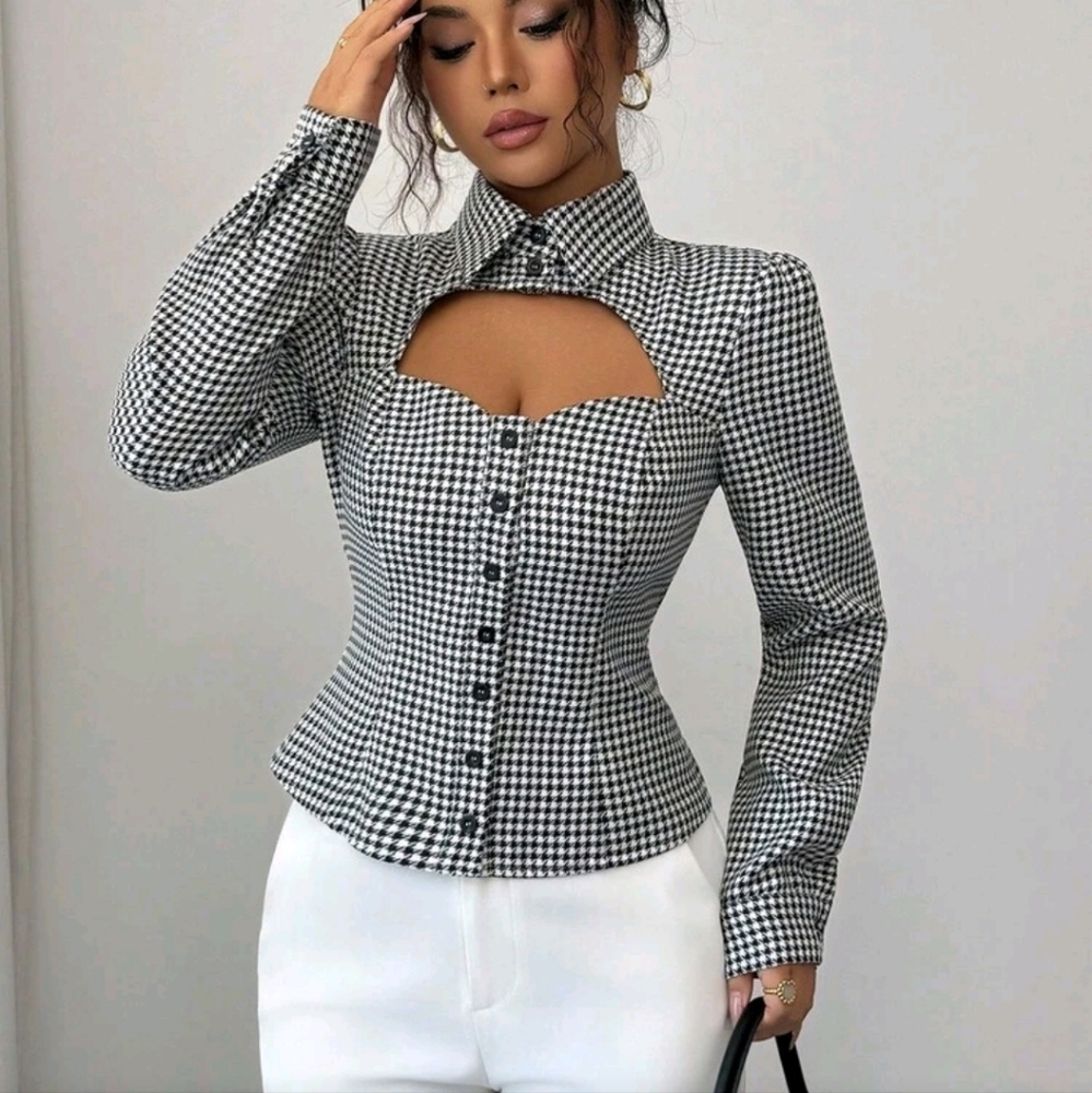 Hollow Collar Houndstooth Long Sleeve Shirt - Picture 3 of 4